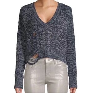 Wildfox Distressed Sweater Women S Blue White Knit V-neck Cropped